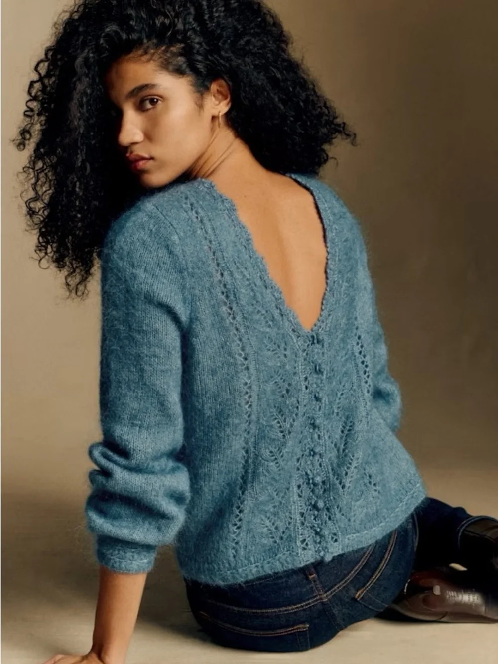 Sezane Angelo Blue Cable Lace Knit Sweater - Picture 2 of 5